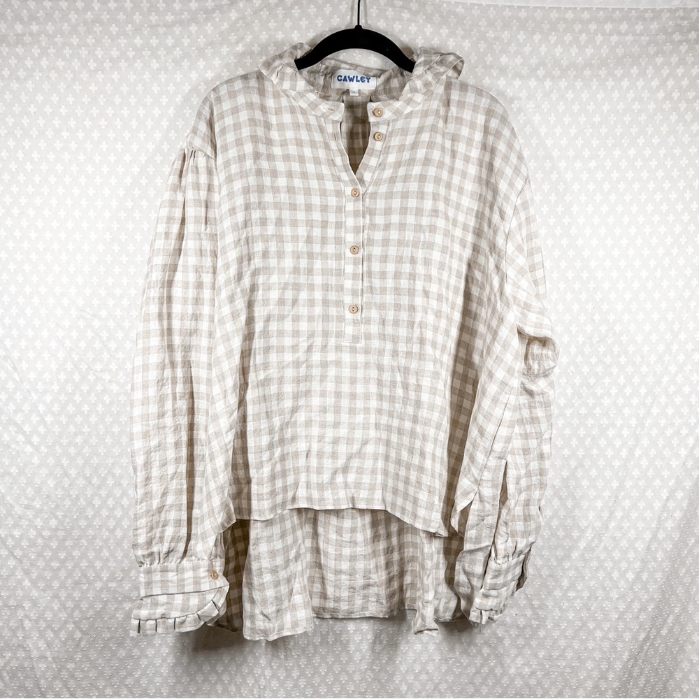 Cawley Tan‎ White Gingham Long Sleeve Linen Oversized Top
